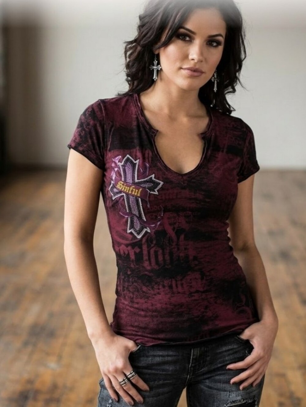 Sinful Women's Burgundy Graphic V-Neck Short Sleeve Tee